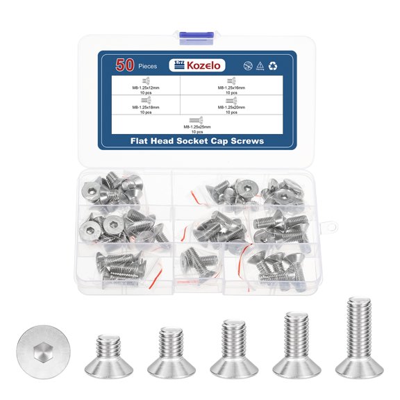 Uxcell 50Pcs Flat Socket Cap Screws - [M8x1.25x12/16/18/20/25], 304 Stainless Steel 18-8 Countersunk Bolt, Silver, for Automotive, Furniture Repair, Industrial Equipment Fixes