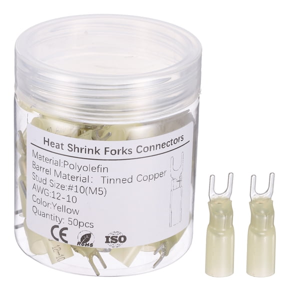 Uxcell 50Pcs Heat Shrink Fork Spade Wire Connector 12-10 AWG #10 Yellow Copper Tin Plated U-Type Insulated Electrical Marine Crimp Wire Terminals for Automotive Industrial Marine
