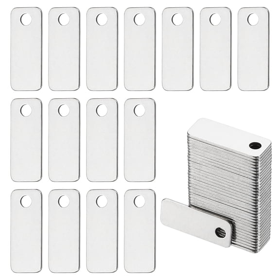 Uxcell 50Pcs Metal Stamping Blanks, 0.98 x 0.39" Rectangle Stamping Tags Blanks Plate Stainless Steel Single Hole DIY Name Tags for Laser Engraving Stamping ID Tags, Silver