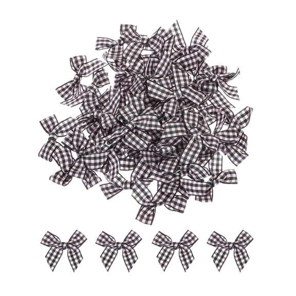 Uxcell 50Pcs Mini Gingham Ribbon Bow 1.5" Checkered Fabric Satin Ribbon Bows for Craft Black and Pink