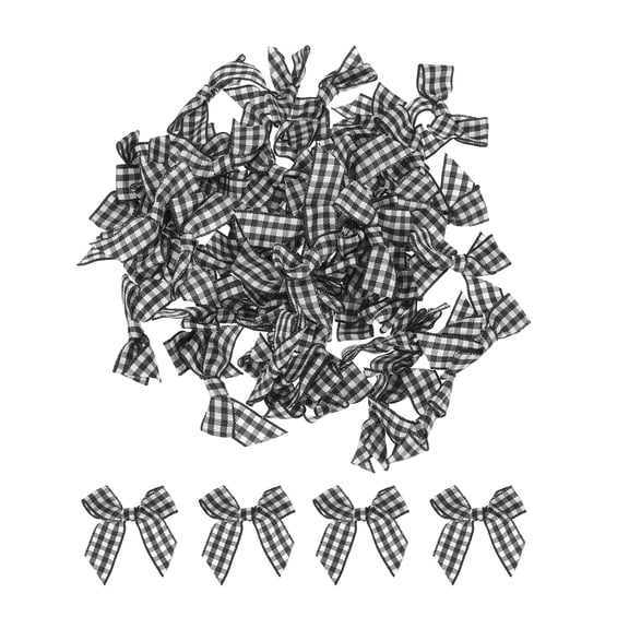 Uxcell 50Pcs Mini Gingham Ribbon Bow 1.5" Checkered Fabric Satin Ribbon Bows for Craft Black and White