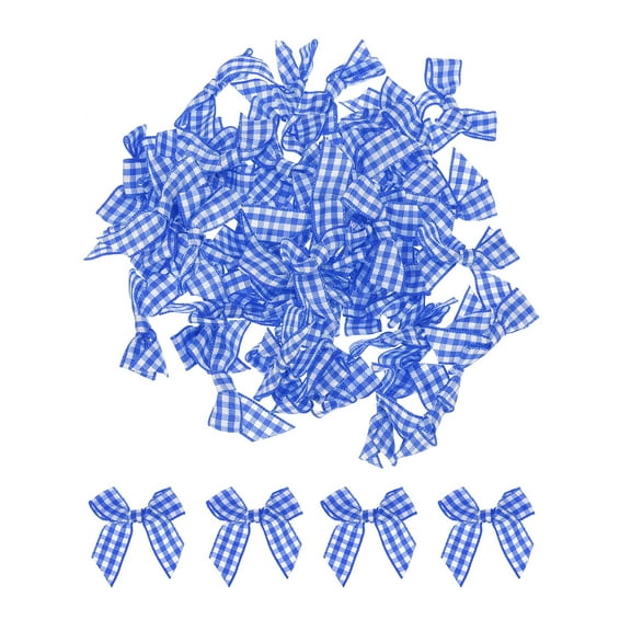 Uxcell 50Pcs Mini Gingham Ribbon Bow 1.5" Checkered Fabric Satin Ribbon Bows for Craft Dark Blue and White