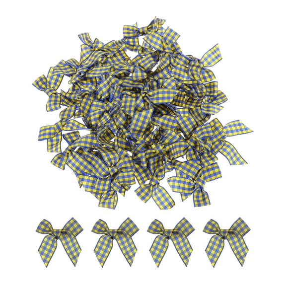 Uxcell 50Pcs Mini Gingham Ribbon Bow 1.5" Checkered Fabric Satin Ribbon Bows for Craft Light Blue and Yellow