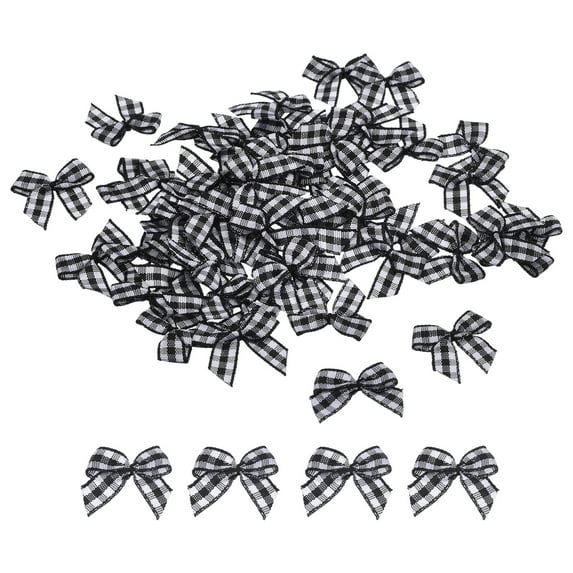 Uxcell 50Pcs Mini Gingham Ribbon Bow 1" Checkered Fabric Satin Ribbon Bows for Craft Bow Sewing Black and White