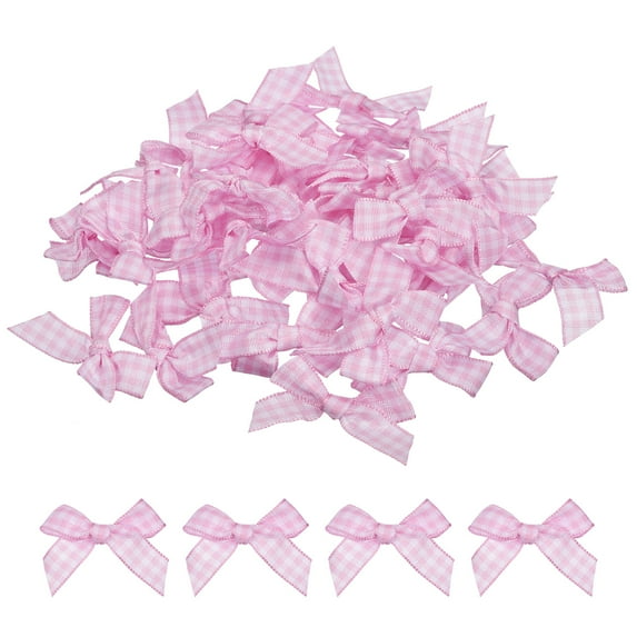 Uxcell 50Pcs Mini Gingham Ribbon Bow Checkered Fabric Satin Ribbon Flower Bows Craft DIY Sewing Wedding Pink and White