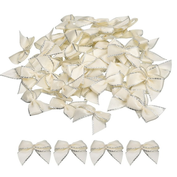 Uxcell 50Pcs Mini Metallic Edge Ribbon Bow 1" Satin Ribbon Flower Bows Soft Craft DIY Hair Bow Silver Edge Cream