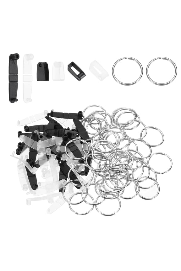 50Pcs Plastic Keychain Clips with Metal Rings, Clear Acrylic Snap Connectors Tabs Card Holder Rings for Keys Office Credit Card Crafts Jewelry Making Bulk, Black/ transparent