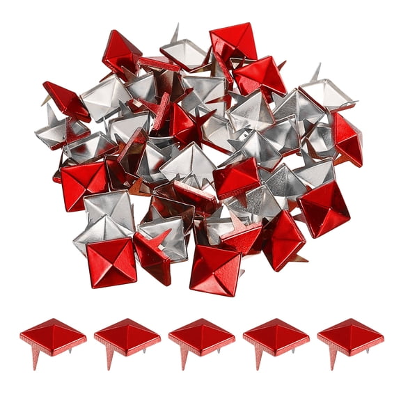 Uxcell 50Pcs Square Pyramid Rivets, 10mm Two-Jaw Studs Spikes, Copper Punk Rock Nailhead Spots (Red)