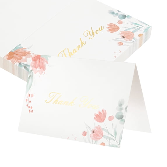 Uxcell 50Pcs Thank You Cards, 5.9"x7.9" Floral Folded Blank Cardstock, Thank You Notes for Greeting Cards Wedding Graduation Birthday DIY Craft Invitations, Twin Daisy Style