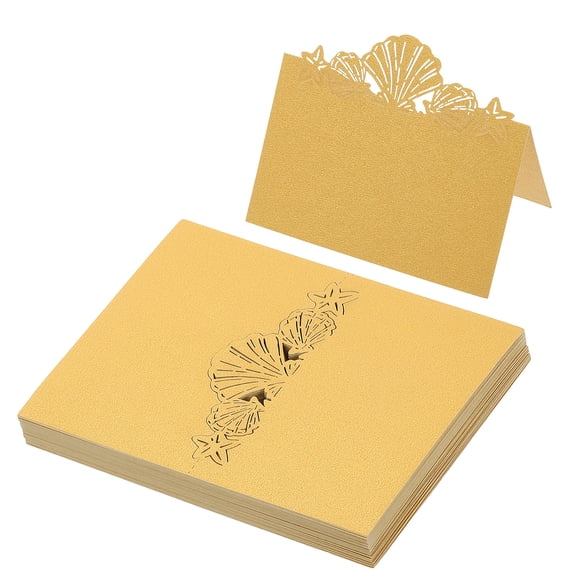 Uxcell 50Pcs Wedding Place Cards, Laser Cut Beach Theme Table Place Cards Folded Tent Cards Name Card, Gold Tone