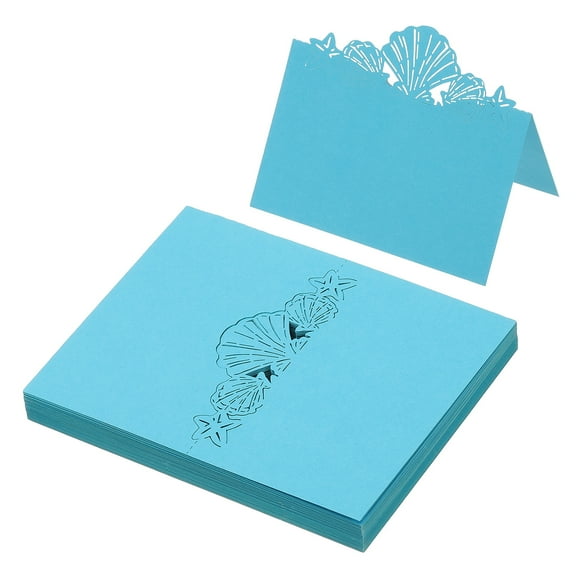 Uxcell 50Pcs Wedding Place Cards, Laser Cut Beach Theme Table Place Cards Folded Tent Cards Name Card, Sky Blue