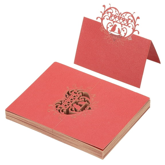 Uxcell 50Pcs Wedding Place Cards, Laser Cut Love Birds Table Place Cards Folded Tent Cards Name Card, Pearl Red
