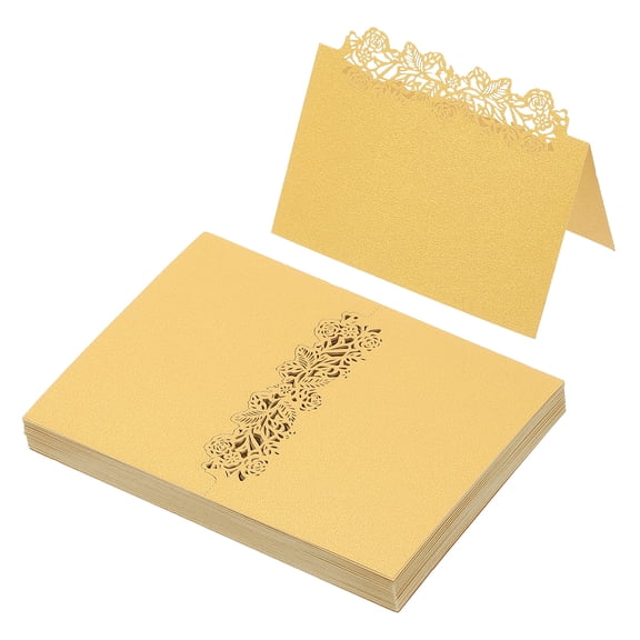 Uxcell 50Pcs Wedding Place Cards, Laser Cut Rose Table Place Cards Folded Tent Cards Name Card, Gold Tone
