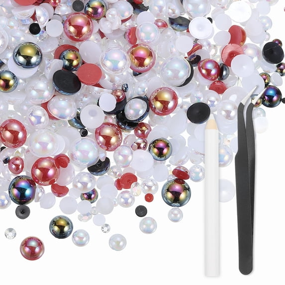 Uxcell 50g Flatback Rhinestones, 3mm-10mm Mixed Rhinestones and Half Pearls with Pick Up Pen and Tweezer for Nail Art Crafts (Colorful/White Red)