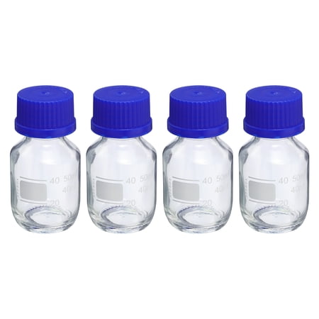 Uxcell 50mL Clear Reagent Media Graduated Glass Storage Bottle Blue Cap 4 Pack