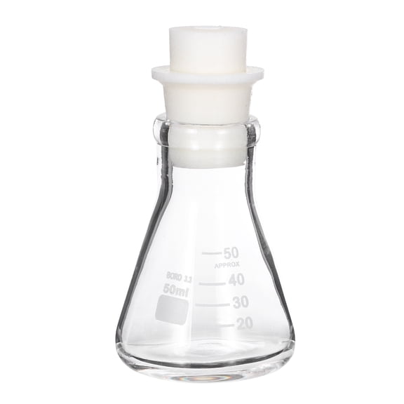 Uxcell 50ml 1.7oz Narrow Mouth Erlenmeyer Flask, 3.3 Borosilicate Glass Conical Flask with Sand Core Silicone Stopper Graduated Flasks Printed Scale for Laboratory, Clear