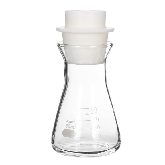 Uxcell 50ml 1.7oz Wide Mouth Erlenmeyer Flask, 3.3 Borosilicate Glass Conical Flask with Sand Core Silicone Stopper Graduated Flasks Printed Scale for Laboratory, Clear