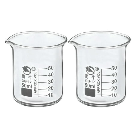 Uxcell 50ml Low Form Glass Beaker 3.3 Borosilicate Graduated Lab Measuring Cups 2 Pack