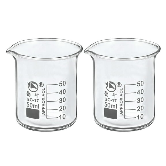 Uxcell 50ml Low Form Glass Beaker 3.3 Borosilicate Graduated Lab Measuring Cups 2 Pack