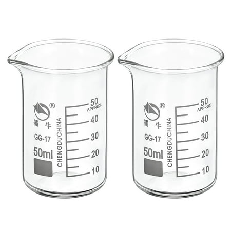 Uxcell 50ml Tall Form Glass Beaker 3.3 Borosilicate Graduated Lab Measuring Cups 2 Pack