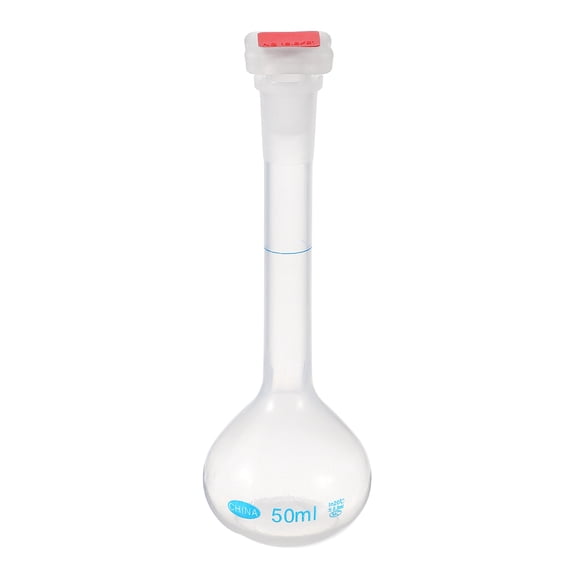 Uxcell 50ml Volumetric Flask, Polypropylene Graduated Volumetric Measuring Flask with Red Plug Cap Tolerance 0.3ml for Laboratory Science Experiment, Clear