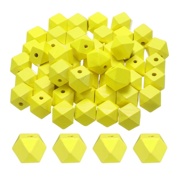 Uxcell 50pcs 20mm Yellow Geometric Wood Beads 3.3mm Large Hole Polygon Wooden Loose Spacer Beads for Jewelry Making Necklace Bracelets DIY Crafts Macrame Handmade Decorations
