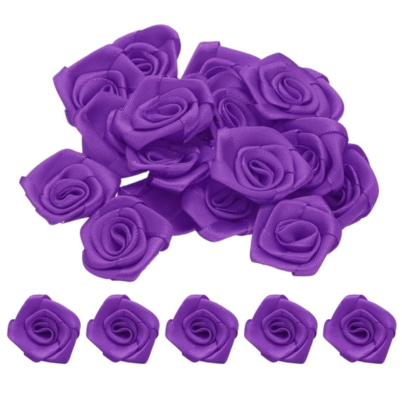 Uxcell 50pcs 3cm Ribbon Roses for Crafts Artificial Fabric Flowers, Dark Purple