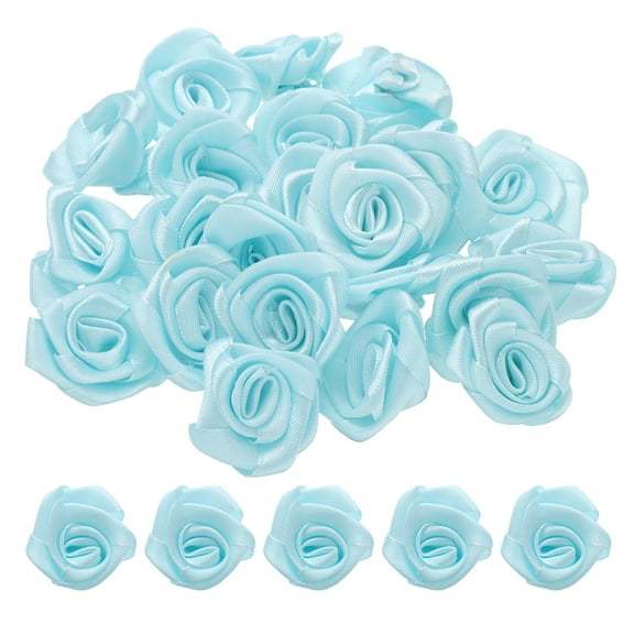 Uxcell 50pcs 3cm Ribbon Roses for Crafts Artificial Fabric Flowers, Light Blue