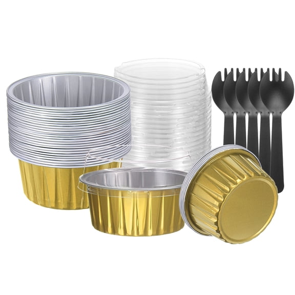 Uxcell 50pcs Round Cupcake Liners Set 5oz Aluminum Foil Baking Cups with Lids forks for Freezer Oven, Golden