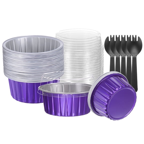 Uxcell 50pcs Round Cupcake Liners Set 5oz Aluminum Foil Baking Cups with Lids forks for Freezer Oven, Purple