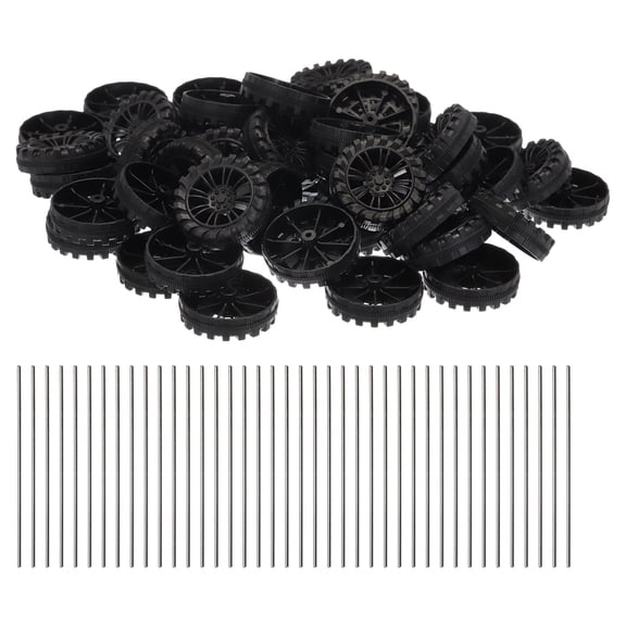 Uxcell 50pcs Toy Car Wheels, 30mmx8mm Plastic Roll and 2mmx100mm Shaft Round Rod Axles for DIY RC Car Model Part, Black