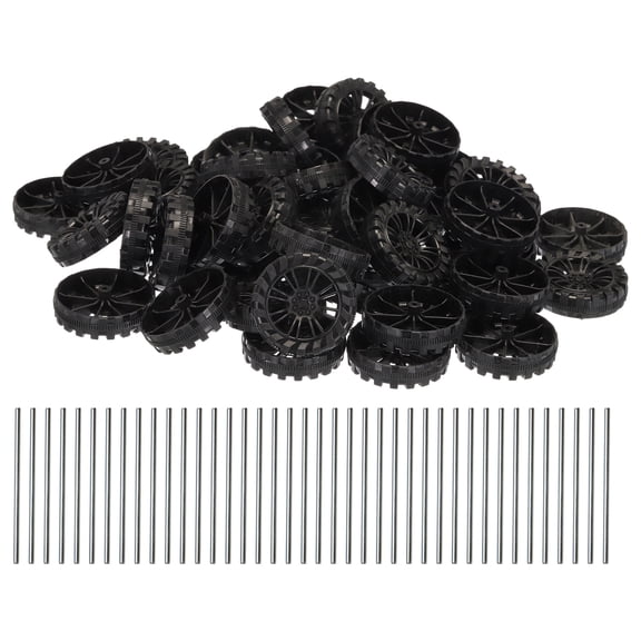 Uxcell 50pcs Toy Car Wheels, 40mmx10mm Plastic Roll and 2mmx50mm Shaft Round Rod Axles for DIY RC Car Model Part, Black