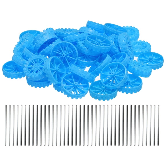 Uxcell 50pcs Toy Car Wheels, 40mmx10mm Plastic Roll and 2mmx50mm Shaft Round Rod Axles for DIY RC Car Model Part, Blue