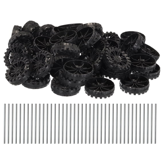Uxcell 50pcs Toy Car Wheels, 45mmx12mm Plastic Roll and 2mmx50mm Shaft Round Rod Axles for DIY RC Car Model Part, Black