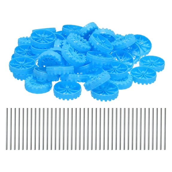 Uxcell 50pcs Toy Car Wheels, 45mmx12mm Plastic Roll and 2mmx50mm Shaft Round Rod Axles for DIY RC Car Model Part, Blue