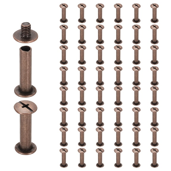 Uxcell 50set Chicago Screw M5 x 20mm 22mm Length Metal Phillips Nail Rivet Stud Screw Bolts Rivets Binding Post Screw for DIY Leather Belt Bag Craft Bookbinding, Red Copper