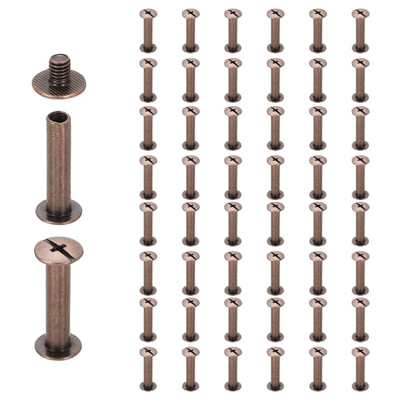 Uxcell 50set Chicago Screw M5 x 22mm 24mm Length Metal Phillips Nail Rivet Stud Screw Bolts Rivets Binding Post Screw for DIY Leather Belt Bag Craft Bookbinding, Red Copper