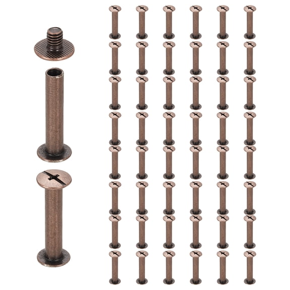 Uxcell 50set Chicago Screw M5 x 25mm 27mm Length Metal Phillips Nail Rivet Stud Screw Bolts Rivets Binding Post Screw for DIY Leather Belt Bag Craft Bookbinding, Red Copper