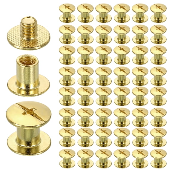 Uxcell 50set Chicago Screw M5 x 6mm 8mm Length Metal Phillips Nail Rivet Stud Screw Bolts Rivets Binding Post Screw for DIY Leather Belt Bag Craft Bookbinding, Gold