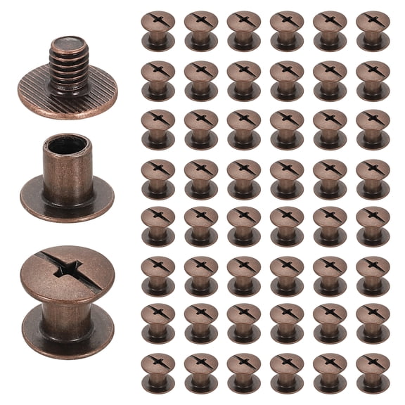 Uxcell 50set Chicago Screw M5 x 6mm 8mm Length Metal Phillips Nail Rivet Stud Screw Bolts Rivets Binding Post Screw for DIY Leather Belt Bag Craft Bookbinding, Red Copper
