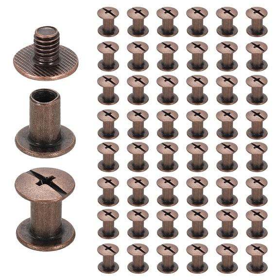 Uxcell 50set Chicago Screw M5 x 8mm 10mm Length Metal Phillips Nail Rivet Stud Screw Bolts Rivets Binding Post Screw for DIY Leather Belt Bag Craft Bookbinding, Red Copper