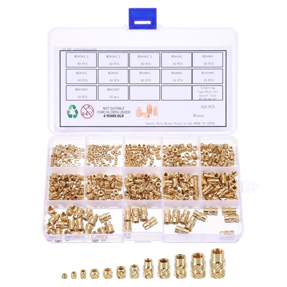 Uxcell 520pcs M2 M3 M4 M5 Metric Threaded Inserts Brass Heat Set Insert Knurled Nuts Assortment Kit, 3D Printing Brass Nuts Female Threaded Inserts Nuts with Heat Set Insert Tips