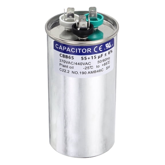 Uxcell 55+15MFD CBB65 Run Start Capacitor 55+15uF, 370/440V Round AC Capacitor for AC Motor Run, HVAC, Air Conditioner, Condenser Motors