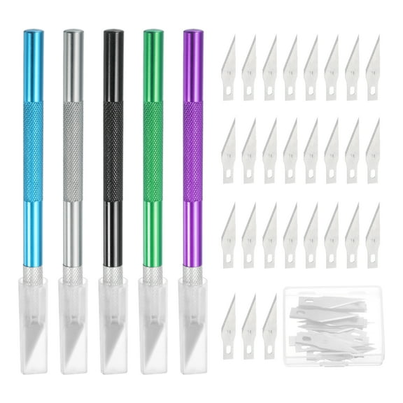 Uxcell 55 Pcs Exacto Knife Set Includes 5 Pcs Craft Hobby Knife and 50 Exacto Blades(Purple, Green, Blue, Silvery, Black)
