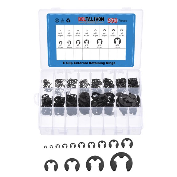 Uxcell 550 Pcs M1.5-M15 External Retaining Ring - 1.5mm-15mm E Clip Snap Rings Spring Steel External Circlip Retaining Clip for Axles, Shaft, Equipment Bearings, Moving Parts, Black