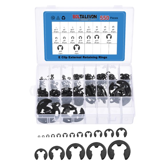 Uxcell 550 Pcs M1.5-M22 External Retaining Ring - 1.5mm-22mm E Clip Snap Rings Spring Steel External Circlip Retaining Clip for Axles, Shaft, Equipment Bearings, Moving Parts, Black