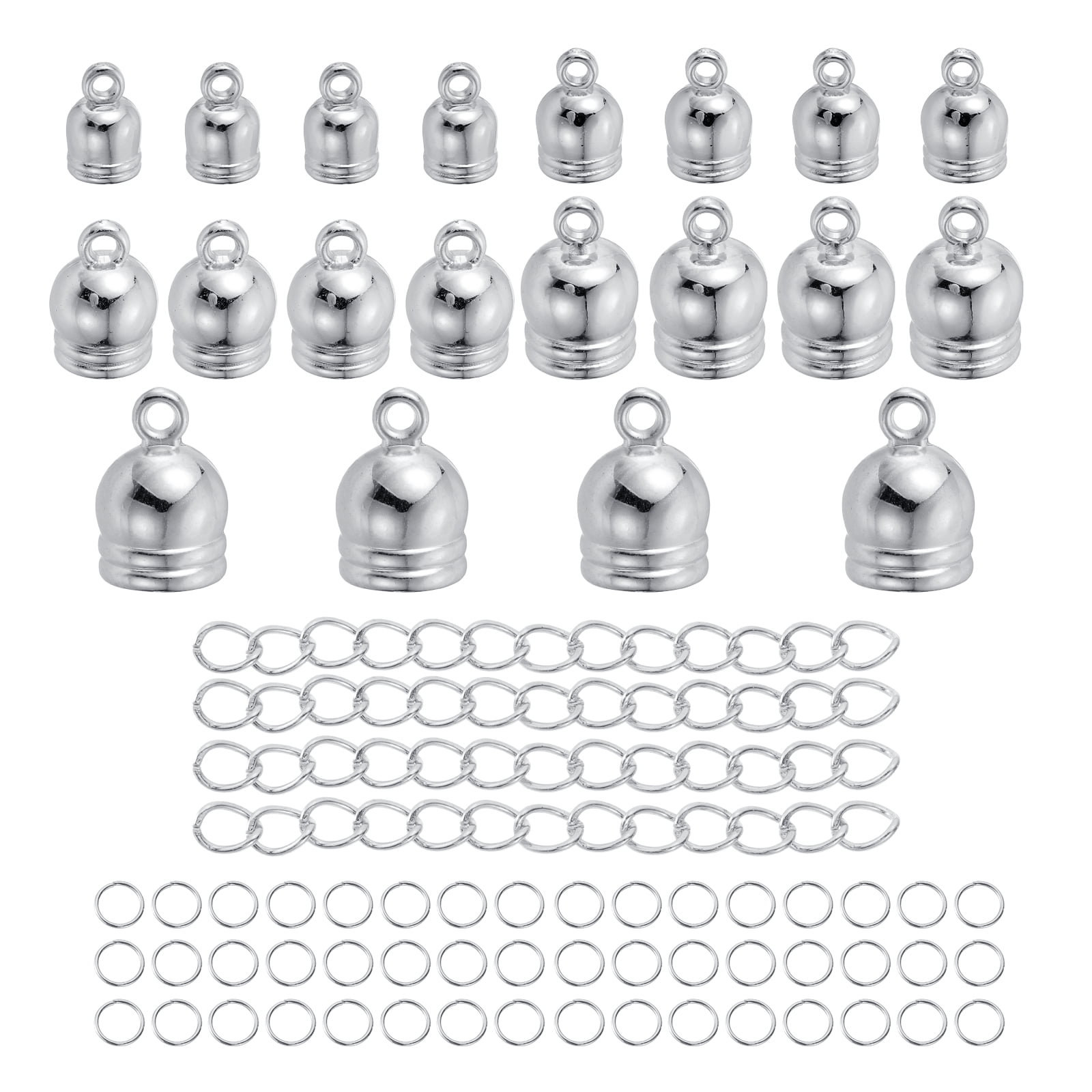 Uxcell 550Pcs Leather Cord End Caps, 4.8 to 11.8mm ID Tassel Barrel End Caps with Extender Chains and Jump Rings for Jewelry Making Findings DIY Bracelet Necklace, White K Tone