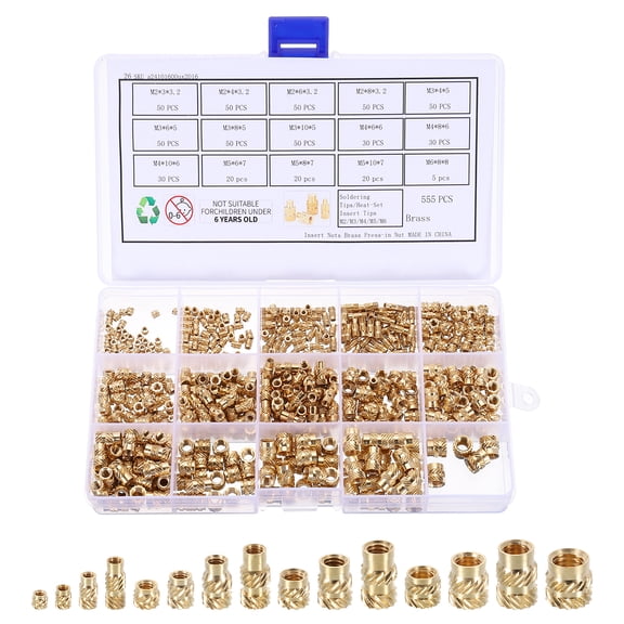 Uxcell 555pcs M2 M3 M4 M5 M6 Metric Threaded Inserts Brass Heat Set Insert Knurled Nuts Assortment Kit, 3D Printing Brass Nuts Female Threaded Inserts Nuts with Heat Set Insert Tips