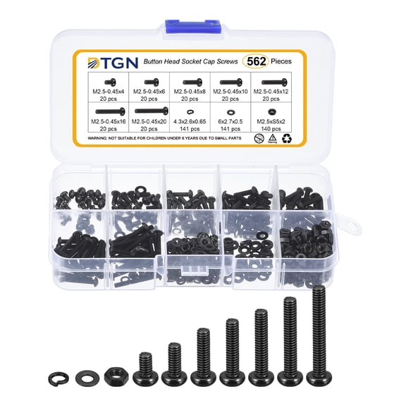 Uxcell 562Pack M2.5-0.45x4/6/8/10/12/16/20mm Button Head Socket Cap Screws - Carbon Steel Bolt Nut Set Washer Assortment Kit - Good for Road Bicycle, Mountain Bike, Auto