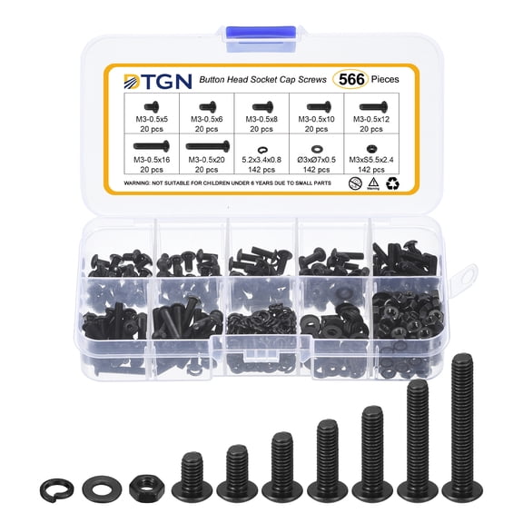 Uxcell 566Pack M3-0.5x5/6/8/10/12/16/20mm Button Head Socket Cap Screws - Carbon Steel Bolt Nut Set Washer Assortment Kit - Good for Road Bicycle, Mountain Bike, Auto